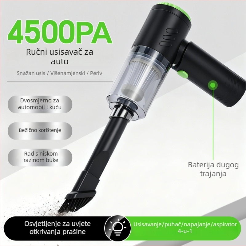Bežični ručni usisavač za auto – mokro i suho, s osvjetljenjem | 7.4V, 48W, 4500Pa