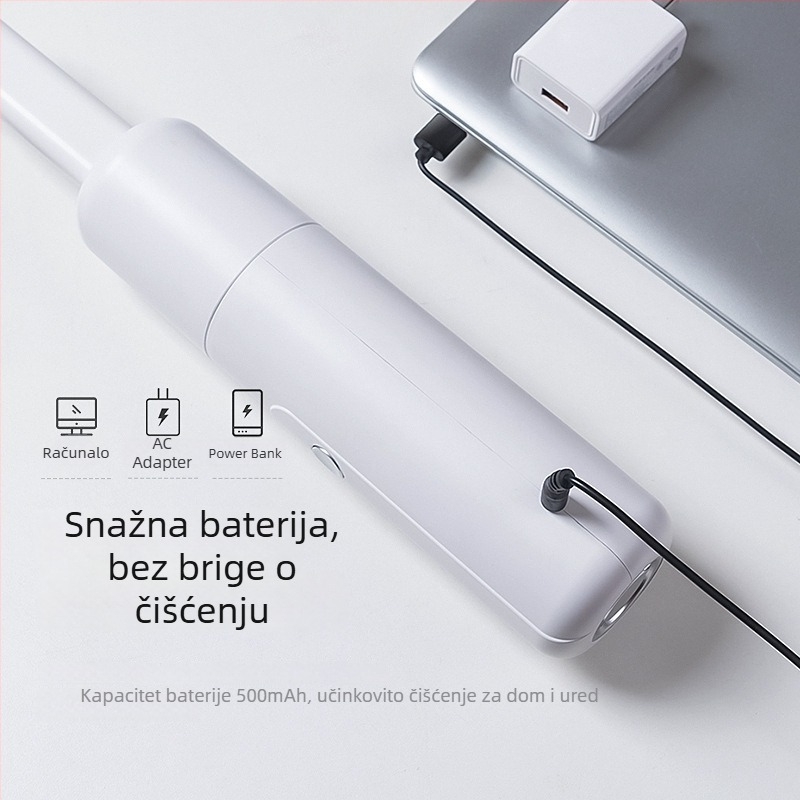 Mini bežični ručni usisavač za automobil, USB punjenje, ugrađena baterija 501–800 mAh, kutni sklopivi nastavak, usis <10 kPa, buka <36 dB