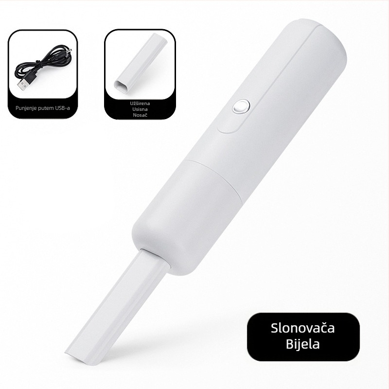 Mini bežični ručni usisavač za automobil, USB punjenje, ugrađena baterija 501–800 mAh, kutni sklopivi nastavak, usis <10 kPa, buka <36 dB