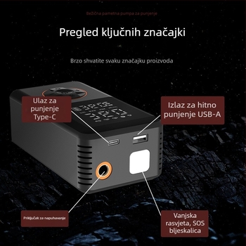 Prenosna automobilska pumpa za zrak s automatskim isključivanjem, digitalnim zaslonom, LED rasvjetom i USB napajanjem
