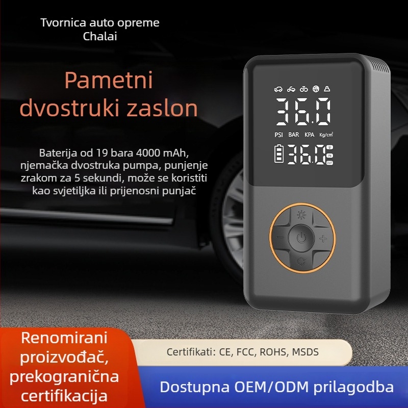 Prenosna automobilska pumpa za zrak s automatskim isključivanjem, digitalnim zaslonom, LED rasvjetom i USB napajanjem