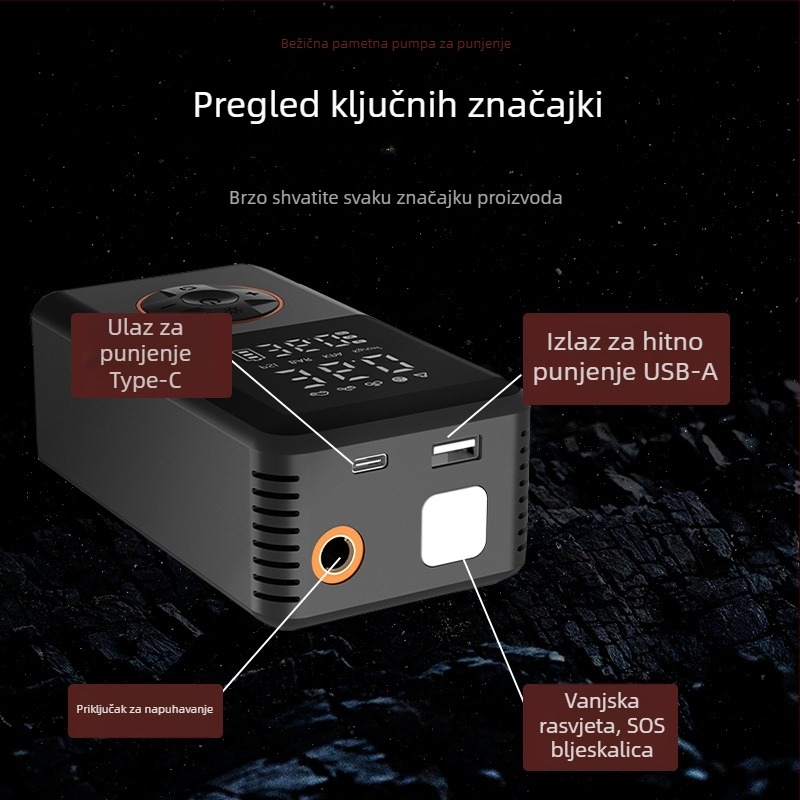 Prenosna automobilska pumpa za zrak s automatskim isključivanjem, digitalnim zaslonom, LED rasvjetom i USB napajanjem