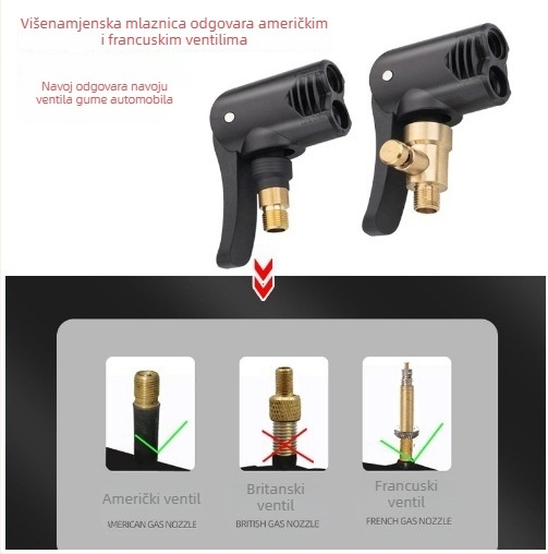 Automobilska pumpa za zrak s produženim nastavkom i konverzijskim nastavkom za ventile Schrader i Presta, za automobile i bicikle.