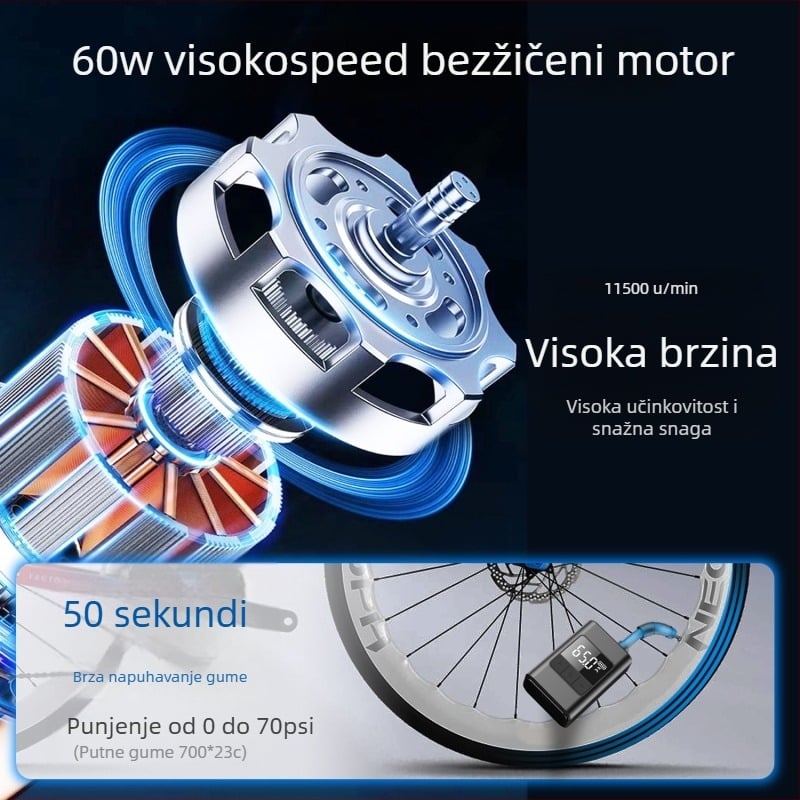 Mini pumpa za cestovni bicikl i automobil - ponovno punjiva 12V, digitalni zaslon, 25 L/min, 160 g, manometar
