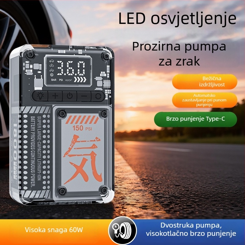 Automobilska bežična pumpa za zrak s digitalnim zaslonom, električna, prijenosna, s dvostrukim motorom i LED lampom za nuždu