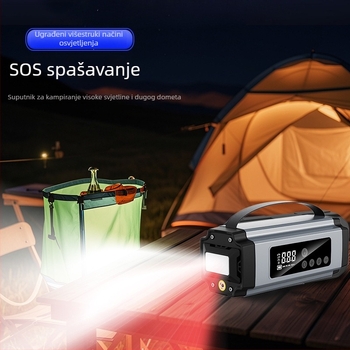 Prijenosni automobilni startni uređaj i power banka s ugrađenim kompresorom za gume, nužni izvor napajanja, digitalni zaslon, USB punjenje, LED svjetlo i mjerač tlaka