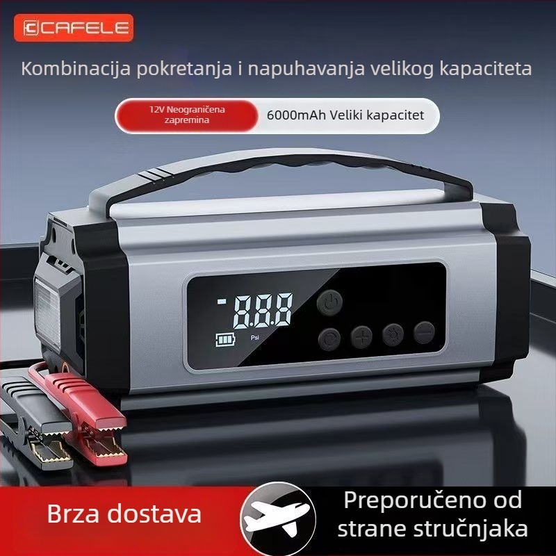 Prijenosni automobilni startni uređaj i power banka s ugrađenim kompresorom za gume, nužni izvor napajanja, digitalni zaslon, USB punjenje, LED svjetlo i mjerač tlaka