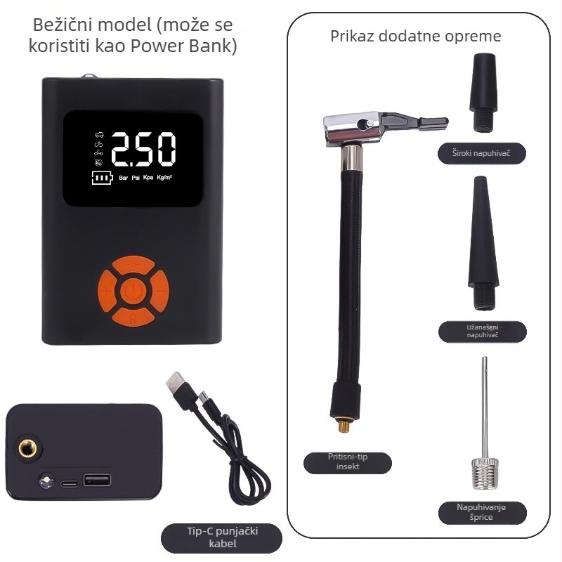 Bežično prenosna pumpa za zrak za automobil i bicikl, mini jednocilindrična, 80W, 7.4V, USB punjenje, 35 L/min, više od 20 minuta rada