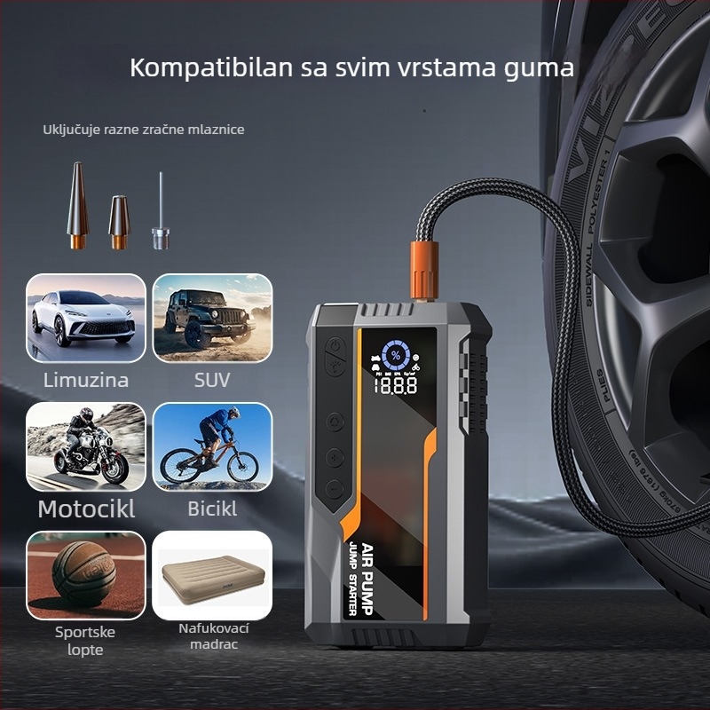 Automobilski kompresor za gume sa funkcijom hitnog pokretanja, sve-u-jednom prijenosna power banka i LED svjetlo
