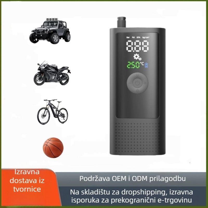 Prijenosna bežična digitalna pumpa za automobil s ugrađenom litijskom baterijom, mjerač tlaka pneumatika, digitalni zaslon, USB punjenje, brzina napuhavanja 25 L/min