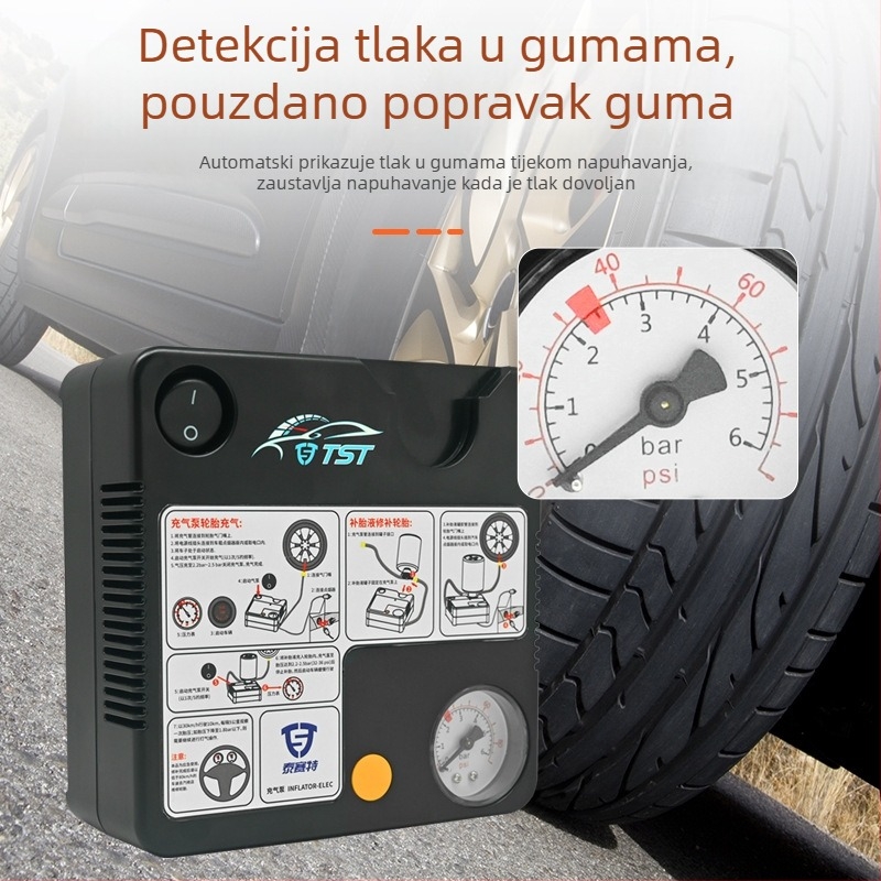 Taiset automobilni inflator s manometrom, kabelska prijenosna pumpa za zrak, 12V, 120W, 35 L/min, duljina kabla 270 cm