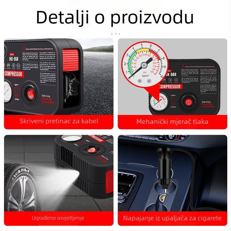 Prijenosna električna pumpa za automobile, s mjeračem tlaka i rasvjetom