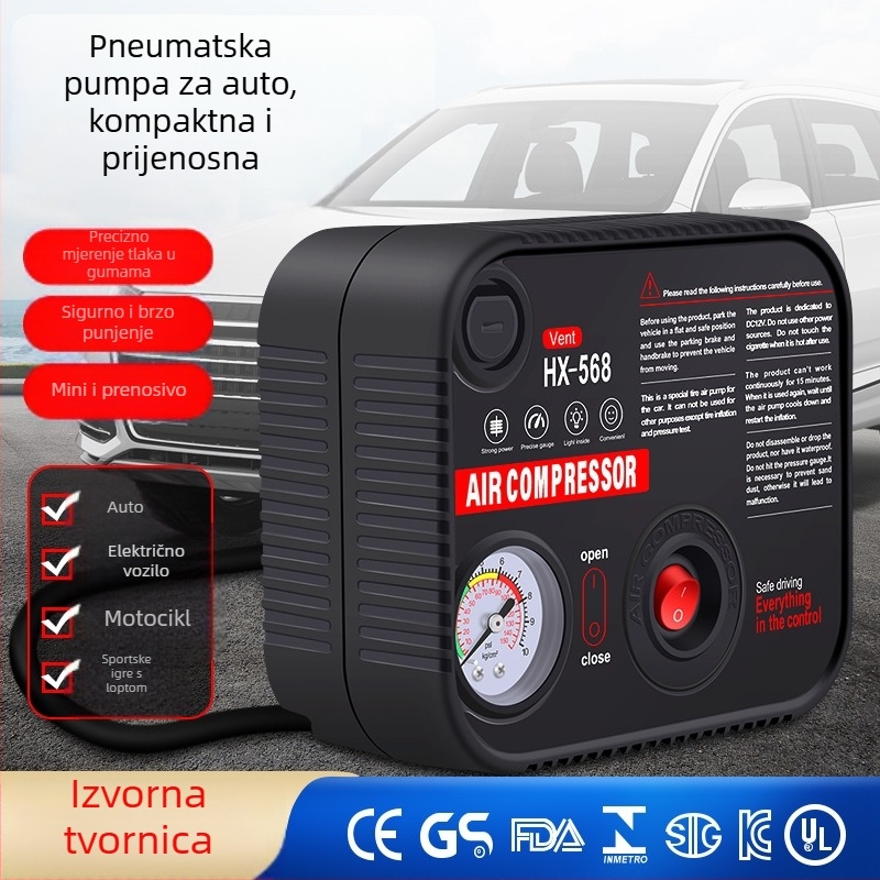 Prijenosna električna pumpa za automobile, s mjeračem tlaka i rasvjetom