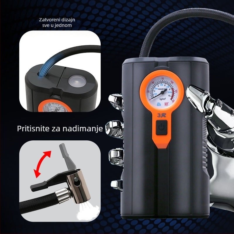 Kompresor zraka za automobil s dvostrukim cilindrom, 12V, 80W, rasvjeta, manometar i pokazivač