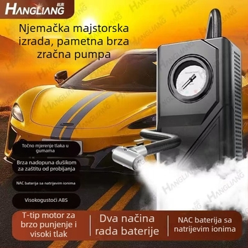 Bežično bežični zračni pumpa s visokim tlakom i velikom snagom – prijenosna za bicikl, motocikl i automobil; protok zraka 30 L/min; snaga 120 W; radno vrijeme preko 20 minuta