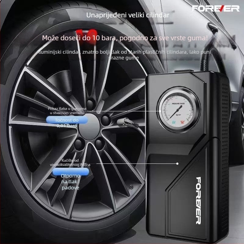 Bežično bežični zračni pumpa s visokim tlakom i velikom snagom – prijenosna za bicikl, motocikl i automobil; protok zraka 30 L/min; snaga 120 W; radno vrijeme preko 20 minuta