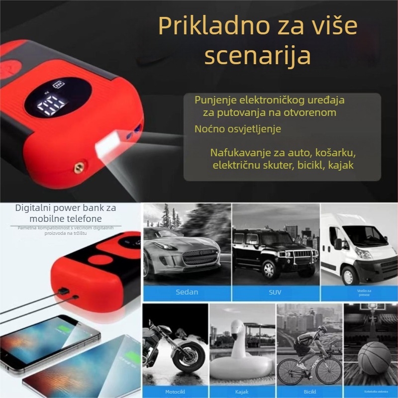 Automobilska hitna pumpa za zrak, prijenosna, bežična, s digitalnim zaslonom, ugrađena litijska baterija, 12V, 120W, 25 L/min