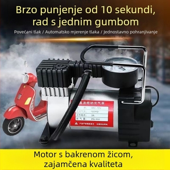 Prijenosna pumpa za zrak za motocikle i električna vozila, univerzalna 12–72V, 150 W, duljina kabela 2,5–3 m, cilindar s analognim manometrom