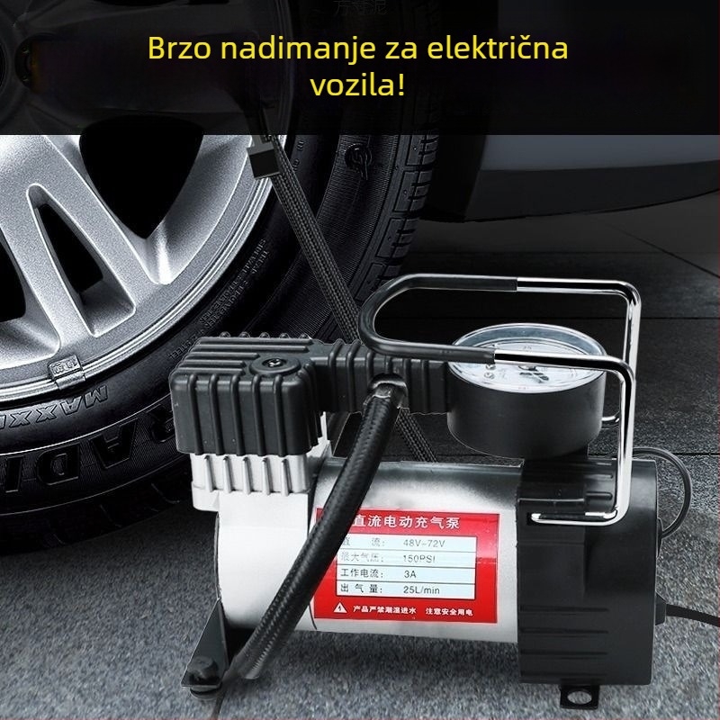 Prijenosna pumpa za zrak za motocikle i električna vozila, univerzalna 12–72V, 150 W, duljina kabela 2,5–3 m, cilindar s analognim manometrom