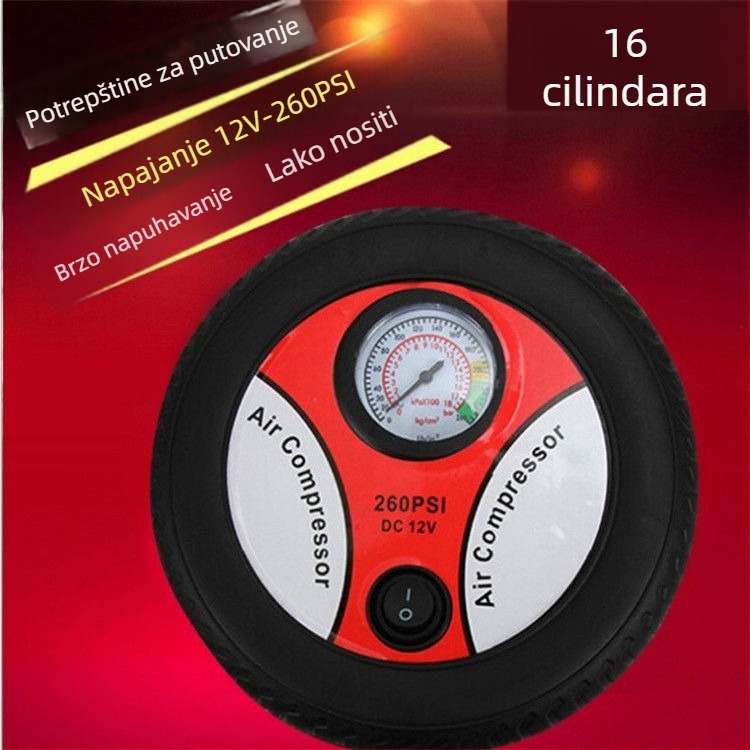 Prijenosna 12V pumpa za auto gume s manometrom i lampicom upozorenja, električna visokotlačna pumpa, 220W