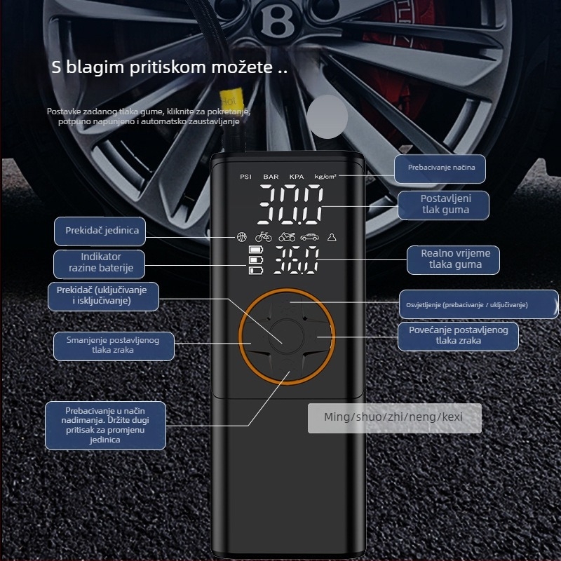 Bežični napuhivač zraka za automobile i bicikle — lagan, od aluminijske legure; 7.4V, <80W, Type-C napajanje, digitalni zaslon