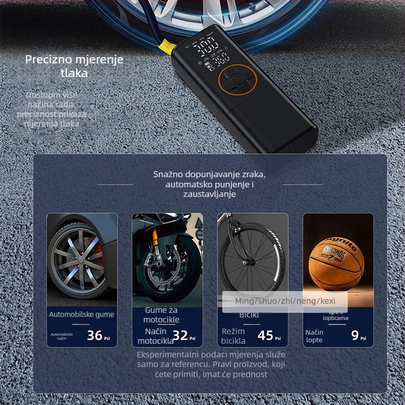Bežični napuhivač zraka za automobile i bicikle — lagan, od aluminijske legure; 7.4V, <80W, Type-C napajanje, digitalni zaslon