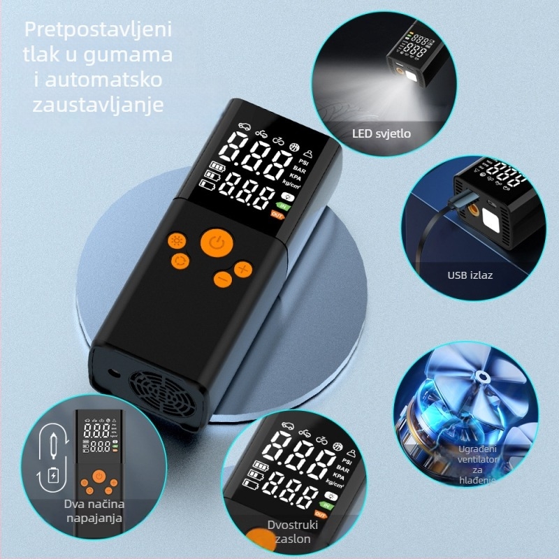 Pumpa za zrak za automobile i motocikle s USB napajanjem, 12V, 100W, digitalni zaslon, mjerač tlaka u gumama, LED svjetlo, upozoravajuće svjetlo, protok tlaka 25 L/min, 31 cm crijevo, uklonjivi izvor napajanja