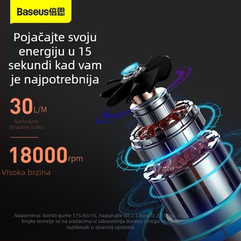 Baseus Mini prijenosna pumpa za zrak u automobilu, za automobile i EV (12V, 30 L/min, Digitalni prikaz, 450 g, 5–20 min rada)