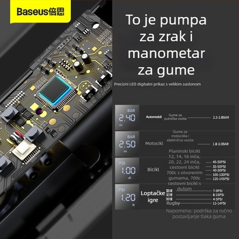 Baseus Mini prijenosna pumpa za zrak u automobilu, za automobile i EV (12V, 30 L/min, Digitalni prikaz, 450 g, 5–20 min rada)