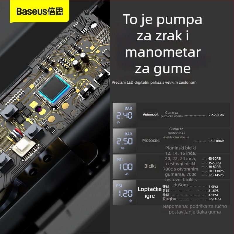 Baseus Mini prijenosna pumpa za zrak u automobilu, za automobile i EV (12V, 30 L/min, Digitalni prikaz, 450 g, 5–20 min rada)
