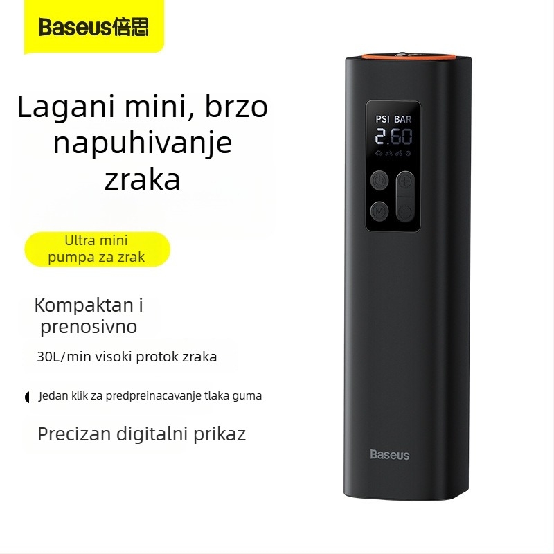 Baseus Mini prijenosna pumpa za zrak u automobilu, za automobile i EV (12V, 30 L/min, Digitalni prikaz, 450 g, 5–20 min rada)