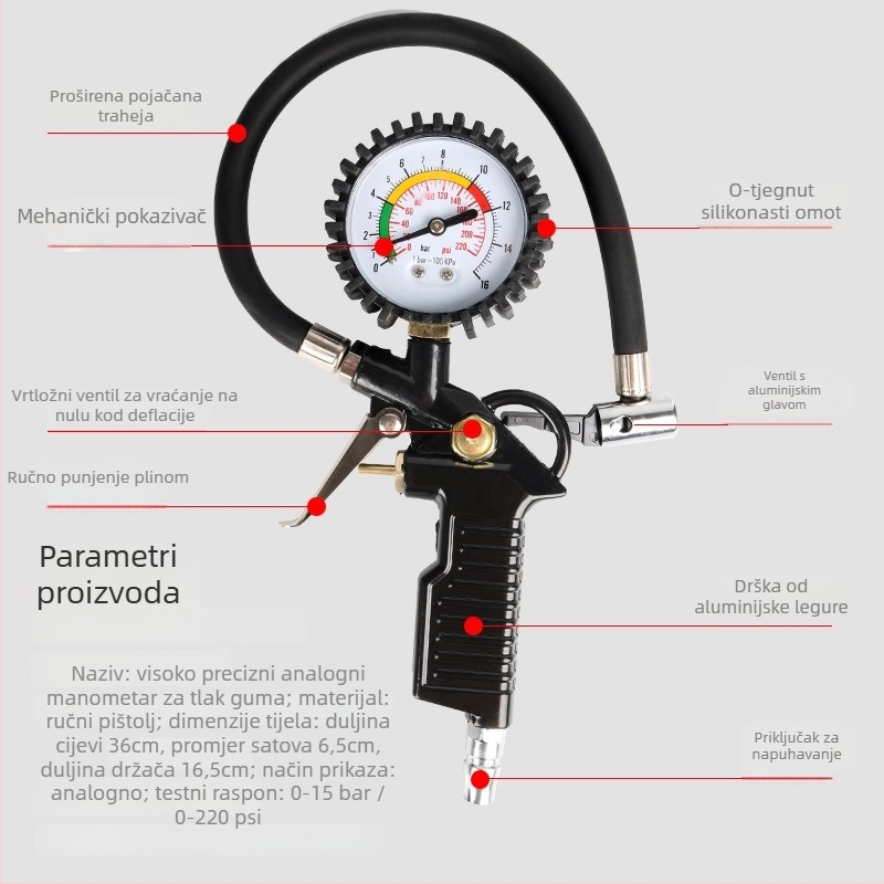 Pištolj za tlak guma s digitalnim zaslonom, raspon do 220 psi, jedinice bar/psi, aluminijska legura, model 002