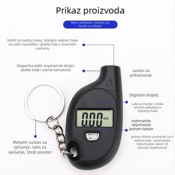 Manometar tlaka u gumama – mini, privjesak za ključeve, prenosni, digitalni LCD zaslon s pozadinskim osvjetljenjem, raspon 0–150 PSI, točnost ±0.01, jedinice PSI/BAR/KPA/kg/cm3, ABS kućište, baterija tipa dugmad