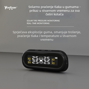 Ugrađeni monitor tlaka u gumama – model YB-Q0252, LCD zaslon s jedinicama Bar/Psi, bežični domet do 8 m, točnost ±0.1 Bar