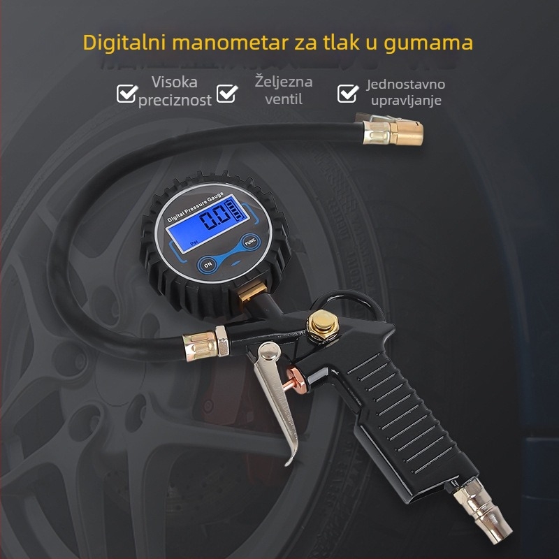 NF mjerač tlaka u gumama s digitalnim zaslonom i višefunkcijskim pištolom za napuhivanje – ABS kućište, kožna cijev, raspon tlaka 230, više jedinica, 0,45 kg