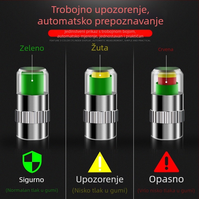 Detektor tlaka u gumama automobila s upozoravajućom kapicom ventila, mehanički manometar, model 111, raspon tlaka 2–2.4, pogodan za male automobile i univerzalno