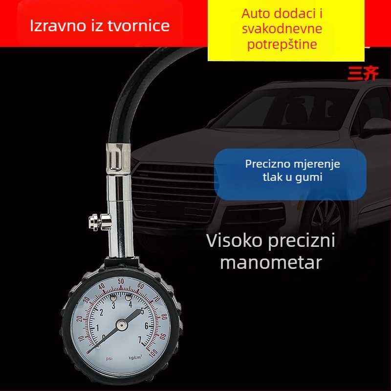 Dugi cijevni manometar za tlak u gumama – Visoko precizan mehanički mjerač tlaka za automobil, s ventilom za ispuštanje i kompasom, prijenosno, 0–100 psi
