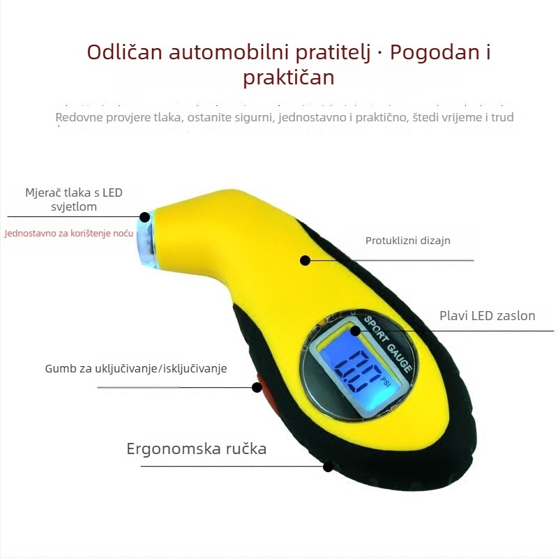 Visoko precizan elektronički manometar za tlak u gumama s LCD zaslonom, prenosni, LED rasvjeta