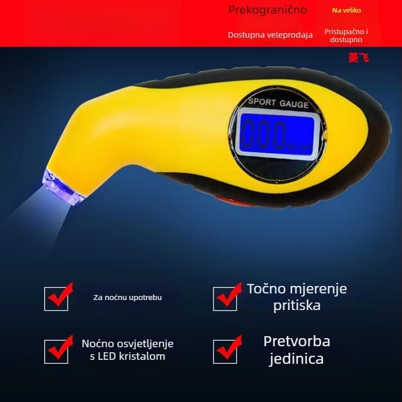 Visoko precizan elektronički manometar za tlak u gumama s LCD zaslonom, prenosni, LED rasvjeta