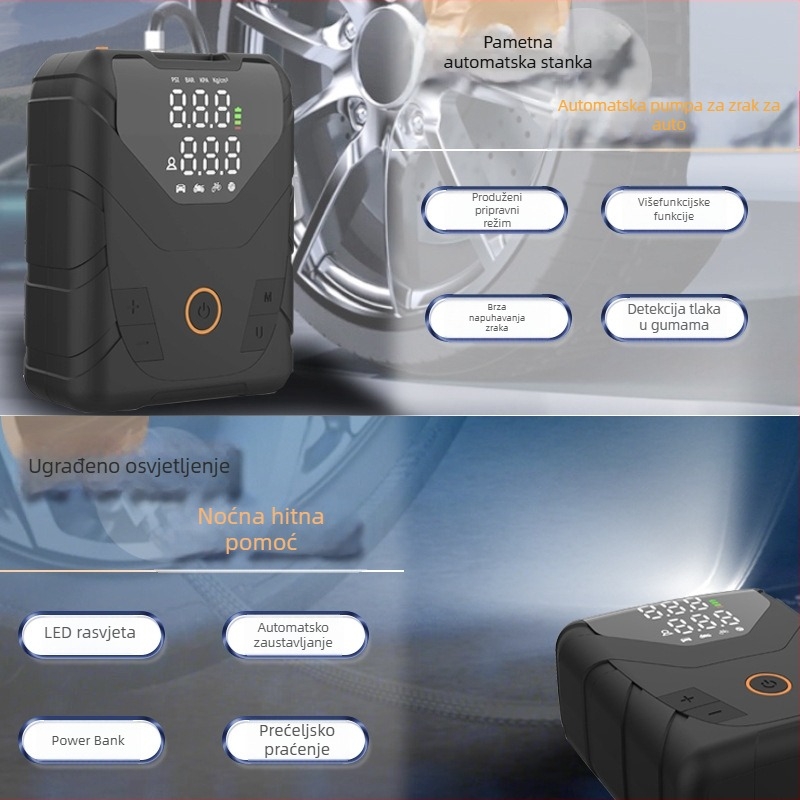 Bežična automobilska pumpa za nužno pokretanje — ručna, prijenosna, 100W, baterija 14,8V, 30 L/min, digitalni zaslon, USB punjenje