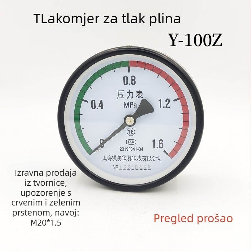 Y100Z manometar tlaka za zrakopres kompresor s aksijalnim priključkom, raspon 0-100, točnost 1.6, navojni priključak