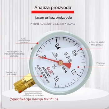 Red Flag Y-100 vakuumski manometar, raspon 0–1.6 MPa, promjer 100 mm, priključak M20×1.5