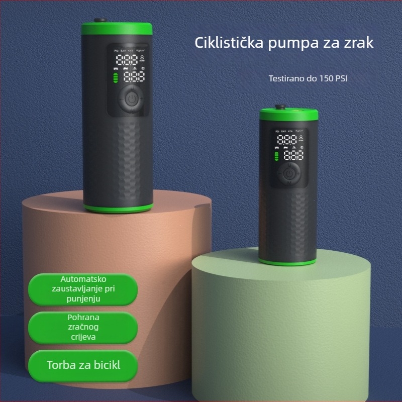 Prijenosna bežična pumpa za zrak za automobile, motocikle, bicikle i lopte; dizajn s jednim cilindrom; protok zraka 25 L/min; digitalni zaslon; baterija 7.4V 18.5Wh; težina 432 g