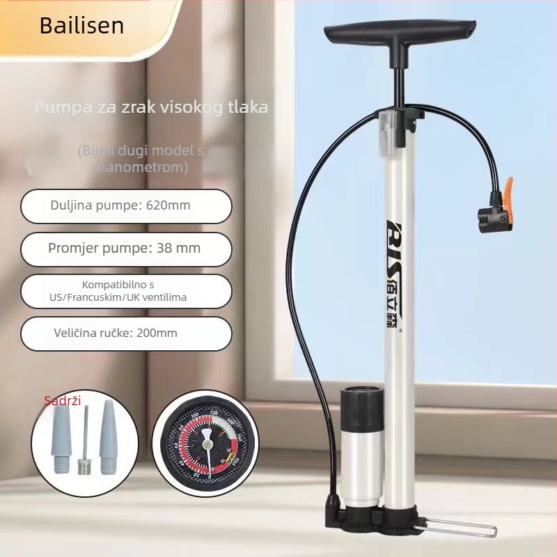 Ručna pumpa visokog tlaka za zrak za bicikle, automobile i lopte — model MN-8668, tijelo od željeza, tlak 160 psi