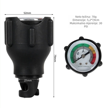 Merač tlaka zraka za napuhive čamce i SUP daske — raspon mjerenja 1–30 psi (2 bar), model 30 psi, materijal PP, težina 70 g