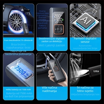Bežična pumpa za zrak u automobilu, dvostruki 19-cilindri, prijenosno 130W, 7500mAh Type-C punjenje, 40 L/min, za automobile, motocikle, električna vozila, bicikle, s digitalnim zaslonom