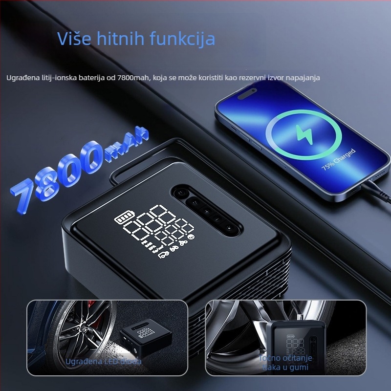 Automobilska pumpa za zrak s jednim cilindrom — prijenosna električna bežična pumpa s digitalnim zaslonom, 120W, 35 L/min, 650 g