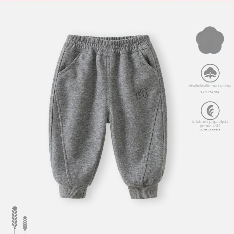 Dječje hlače za dječake 1–3 godine, fleece iznutra, casual stil, 50% pamuk, srednji pojas, duge hlače, zimski model 2025