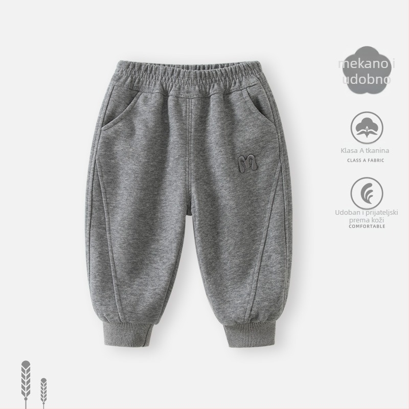 Dječje hlače za dječake 1–3 godine, fleece iznutra, casual stil, 50% pamuk, srednji pojas, duge hlače, zimski model 2025