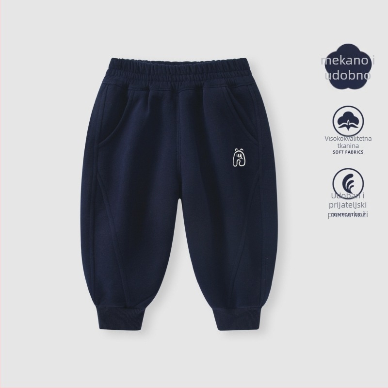 Dječje hlače za dječake 1–3 godine, fleece iznutra, casual stil, 50% pamuk, srednji pojas, duge hlače, zimski model 2025